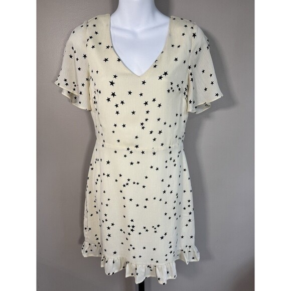 Altar'd State Dress Womens M Ivory/Black Star Print Lined V-Neck Flutter Sleeve - Picture 1 of 5